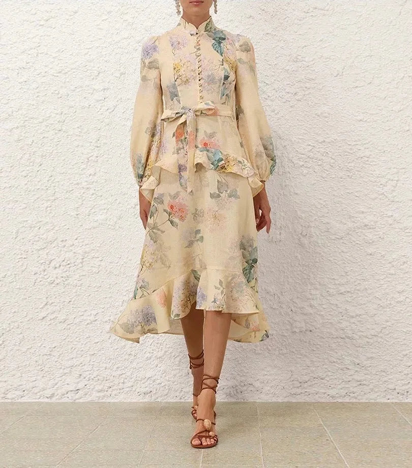 Zimm 100% Linen Long Puff Sleeve Runway Designer Lace-up Floral Printing Women Midi Dress Chic Vintage Bohemian Elegant Luxury