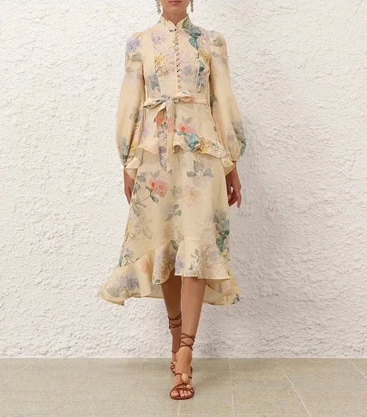 Zimm 100% Linen Long Puff Sleeve Runway Designer Lace-up Floral Printing Women Midi Dress Chic Vintage Bohemian Elegant Luxury
