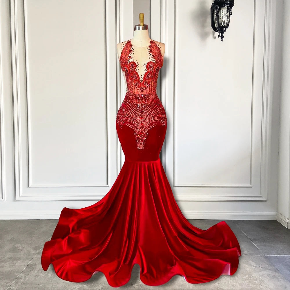 Long Prom Dresses 2025 Luxury Sparkly Beaded Diamond Sexy Mermaid Sheer Top Black Girl Red Velvet Prom Gala Gowns