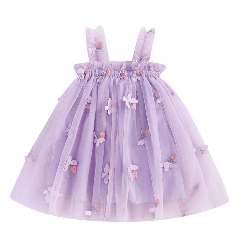 Girls Sleeveless Floral Embroidered Tulle Princess Dress with Butterfly Detail - A-Line Summer Slip Dress for Toddlers