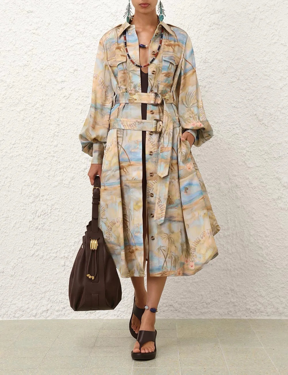 Zimm Women Long Lantern Sleeve Turn-down Collar Printing Midi Dress Chic Vintage Bohemian Elegant Luxury Runway Designer