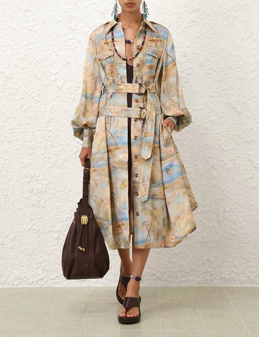 Zimm Women Long Lantern Sleeve Turn-down Collar Printing Midi Dress Chic Vintage Bohemian Elegant Luxury Runway Designer