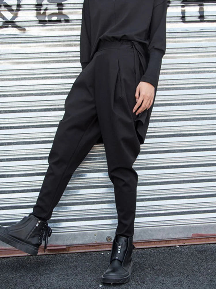 [EAM] High Elastic Waist Black Split Joint Long Harem Trousers New Loose Fit Pants Women Fashion Tide Spring Autumn 2025 1Z317