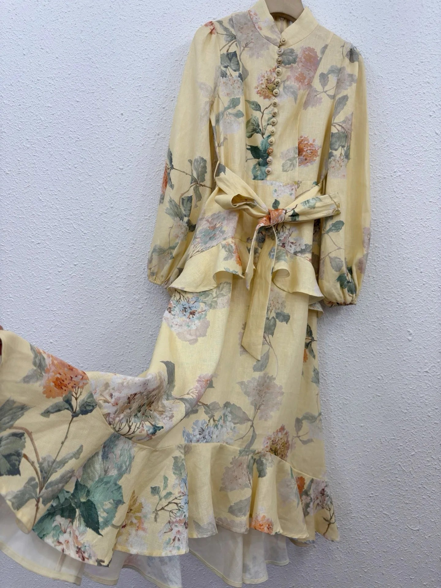 Zimm 100% Linen Long Puff Sleeve Runway Designer Lace-up Floral Printing Women Midi Dress Chic Vintage Bohemian Elegant Luxury