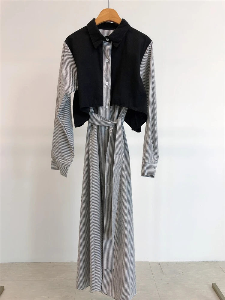 REALEFT Autumn French Striped Women's Shirts Dresses Lace Up