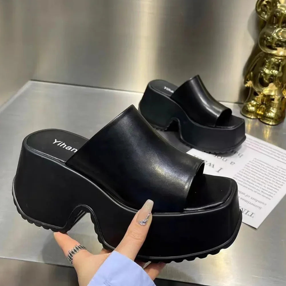 Punk Chunky Heels Mules Shoes Sandals For Women Rivet Platform Slide Sandals Open Toe Summer Street Goth Shoes Beach Shoes