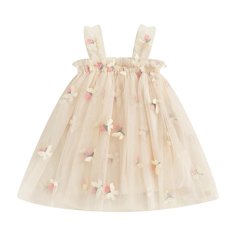 Girls Sleeveless Floral Embroidered Tulle Princess Dress