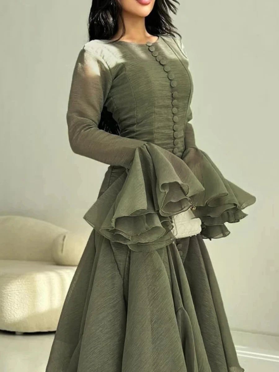 TWOTWINSTYLE Solid Slimming Spliced Folds Dresses for Women Round Neck Long Sleeves Patchwork Buttons Dress Female Clothing New