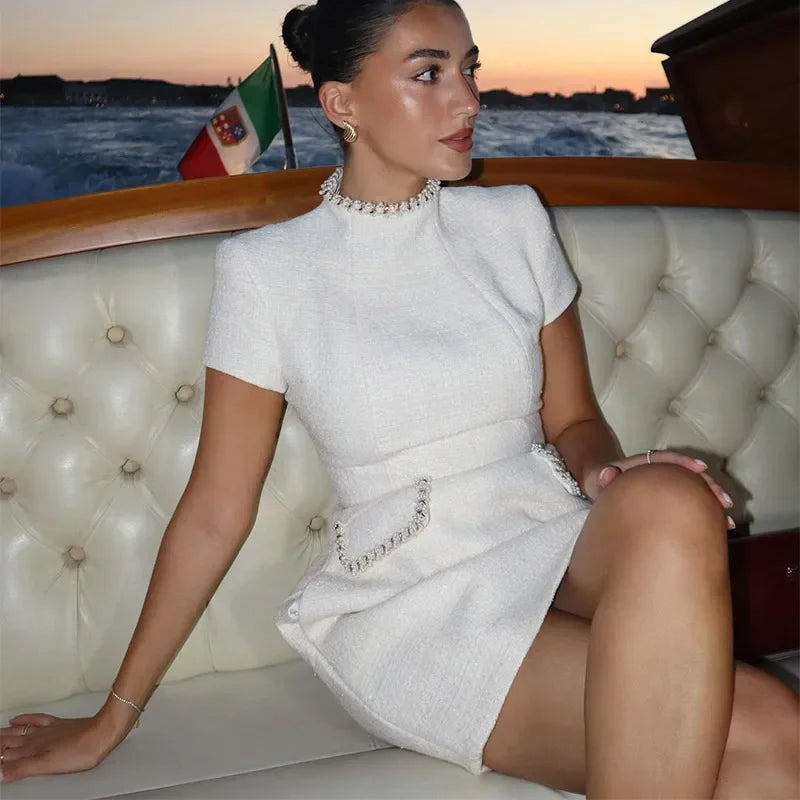 White Shoulder Pad Short Sleeve Party Dress