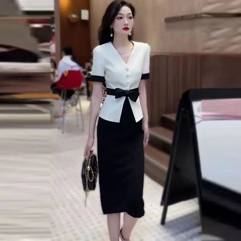 Suits Sexy Skirt Office Female Outfits Midi Women's Two Piece Set Slit Short Sleeve Maxi Long Stylish Clothing Trend 2024 Luxury