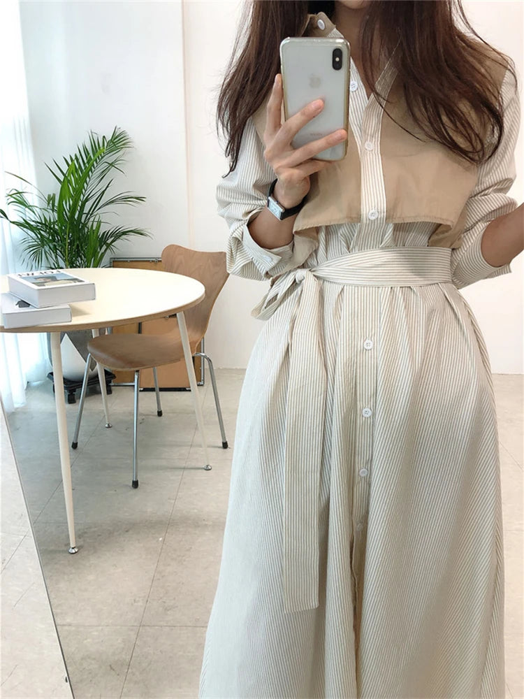 REALEFT Autumn French Striped Women's Shirts Dresses Lace Up Straight Korean Casual Loose A-Line Long Dress Female 2023 New