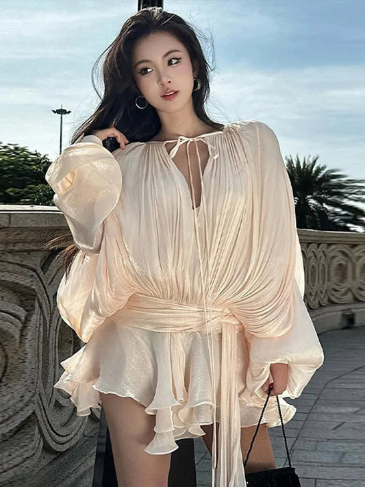 Hollow Out Pleat Ribbon Dress Women Lace Up V-Neck Puff Sleeves Short Puffy Dresses Solid Color Elegant Loose Long Sleeve Dress