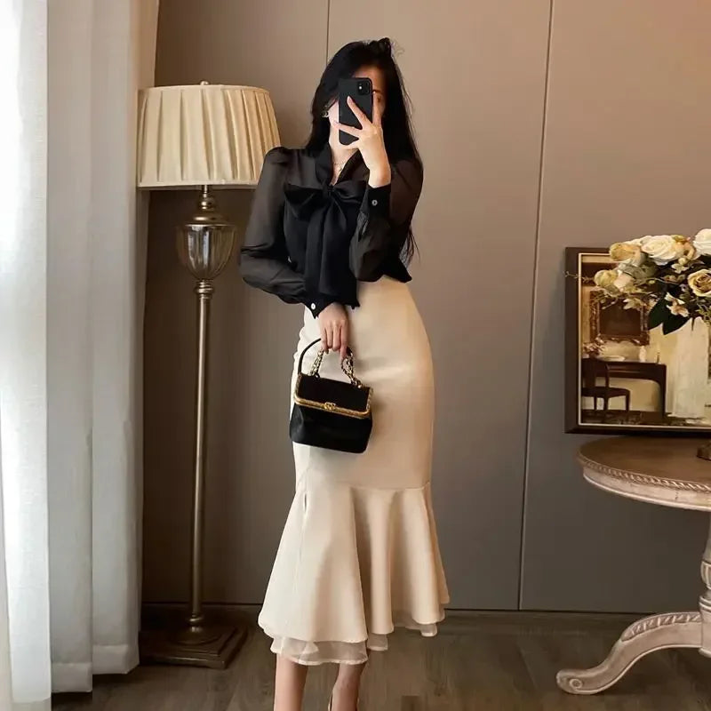Woman Long Sleeve Dress Bow Dresses for Women Splicing Korean Style Elegant Party Xxl New In Retro Curvy Thic Chic Kpop Pretty X