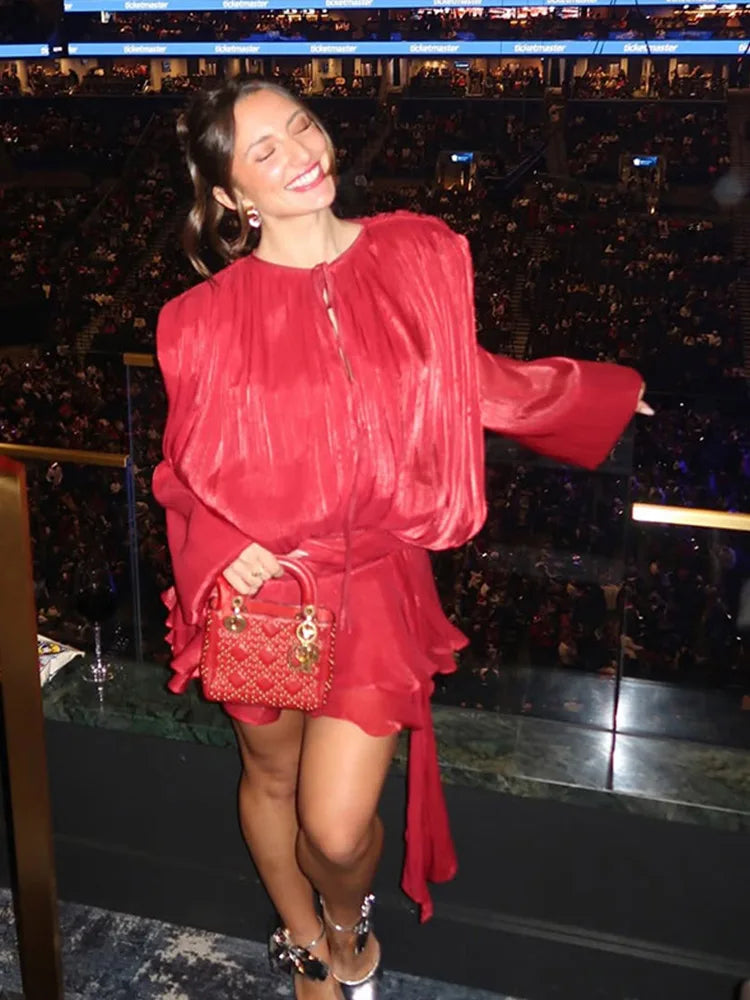 Hollow Out Pleat Ribbon Dress Women Lace Up V-Neck Puff Sleeves Short Puffy Dresses Solid Color Elegant Loose Long Sleeve Dress