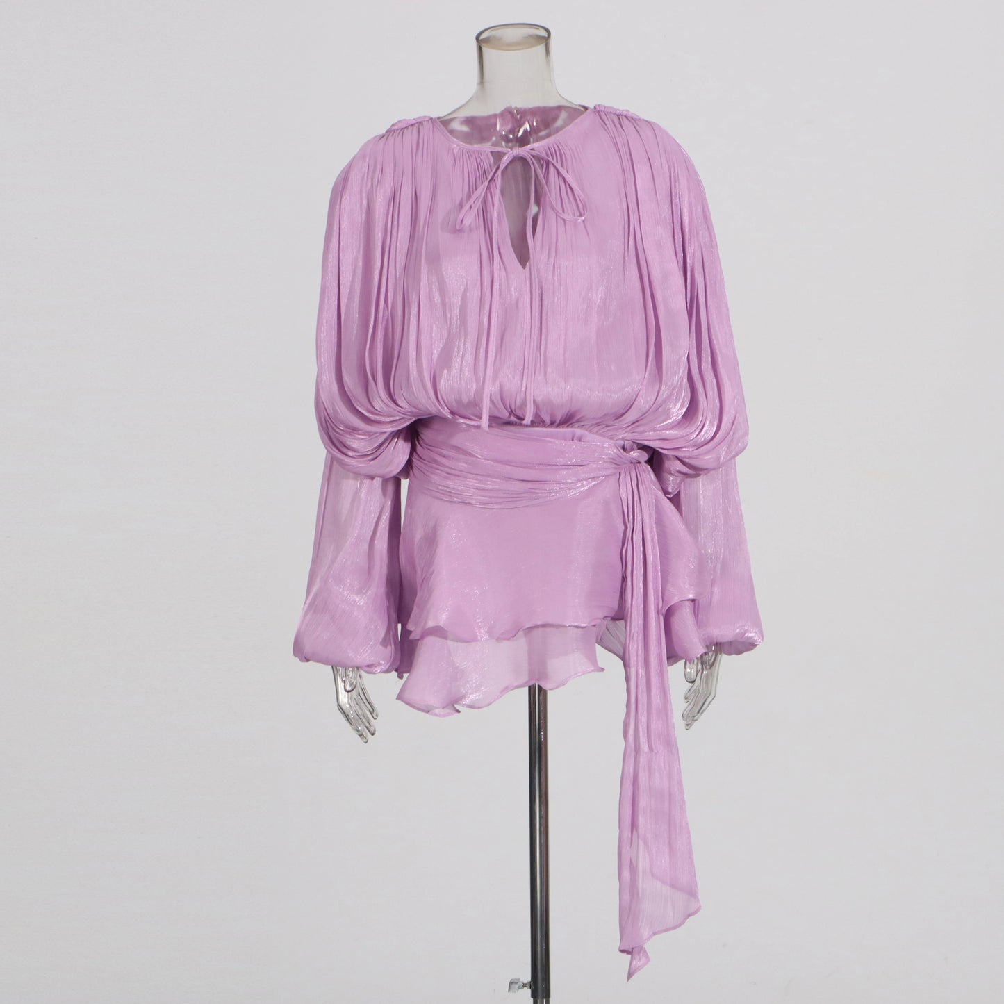 TWOTWINSTYLE Solid Loose Spliced Lace Up Elegant Dresses for Women Round Neck Long Sleeves Patchwork Folds Dress Female Style