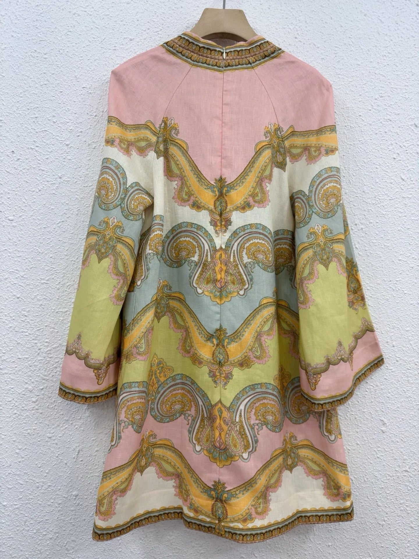 Zimm 100% Linen Luxury European High Quality Women Printing Long Flare Sleeve Mini Dress Bohemian Vintage Sweet Elegant Chic