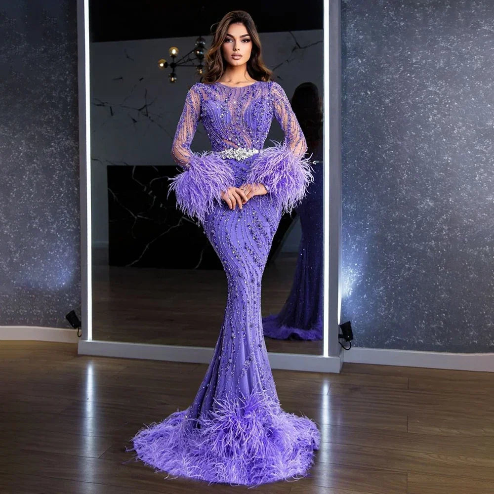 Elegant Mermaid Evening Dress Arabic Purple Beaded Feathers | Luxury Gown for Women's Wedding Party Customized
