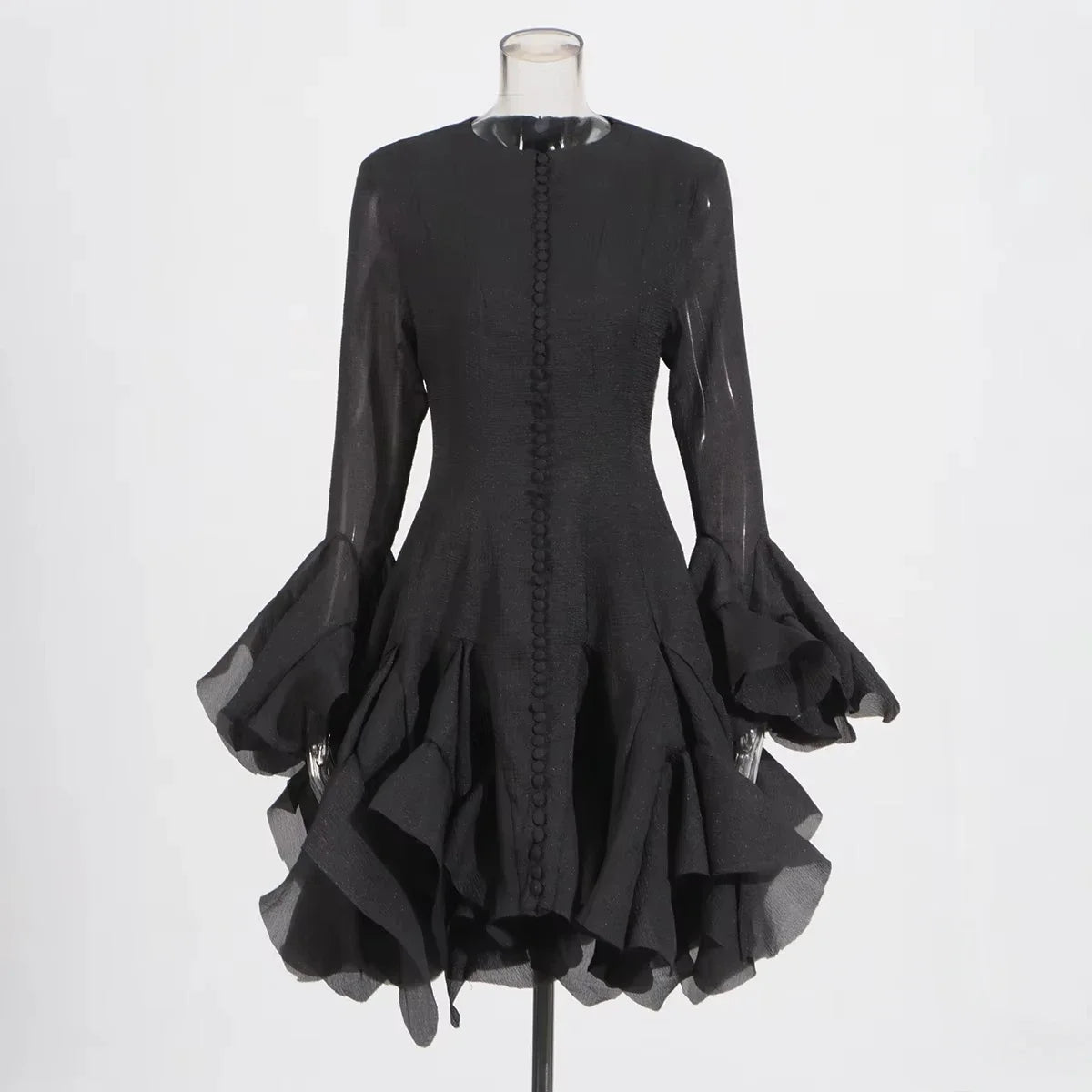 TWOTWINSTYLE Solid Slimming Spliced Folds Dresses for Women Round Neck Long Sleeves Patchwork Buttons Dress Female Clothing New