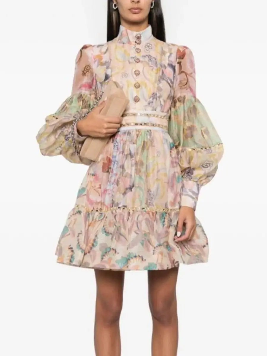 Zimm Silk Linen Printing Mini Women Dress Runway Designer Chic High Quality European