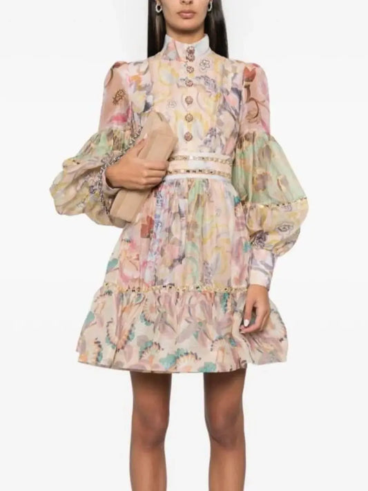 Zimm Silk Linen Printing Mini Women Dress Runway Designer Chic High Quality European