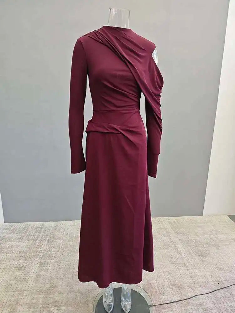 DEAT Elegant Dress Half High Collar Hollow Out Asymmetric Long Sleeves Mid-calf Women's Party Dresses 2025 Spring New 13DL999