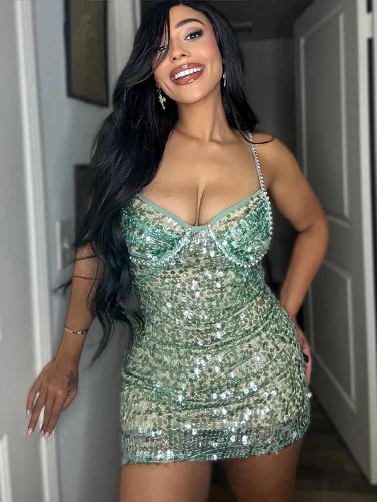 Halter Sequin Short Dress Green Rhinestone Strap Ladies Socialite Gown Bead Waist Cinching Slim Fit Suspender Sparkle Dresses