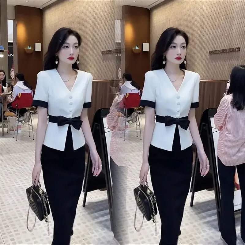 Suits Sexy Skirt Office Female Outfits Midi Women's Two Piece Set Slit Short Sleeve Maxi Long Stylish Clothing Trend 2024 Luxury