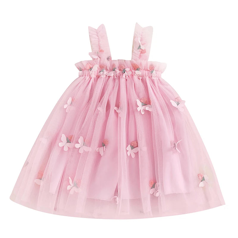 Girls Sleeveless Floral Embroidered Tulle Princess Dress with Butterfly Detail - A-Line Summer Slip Dress for Toddlers