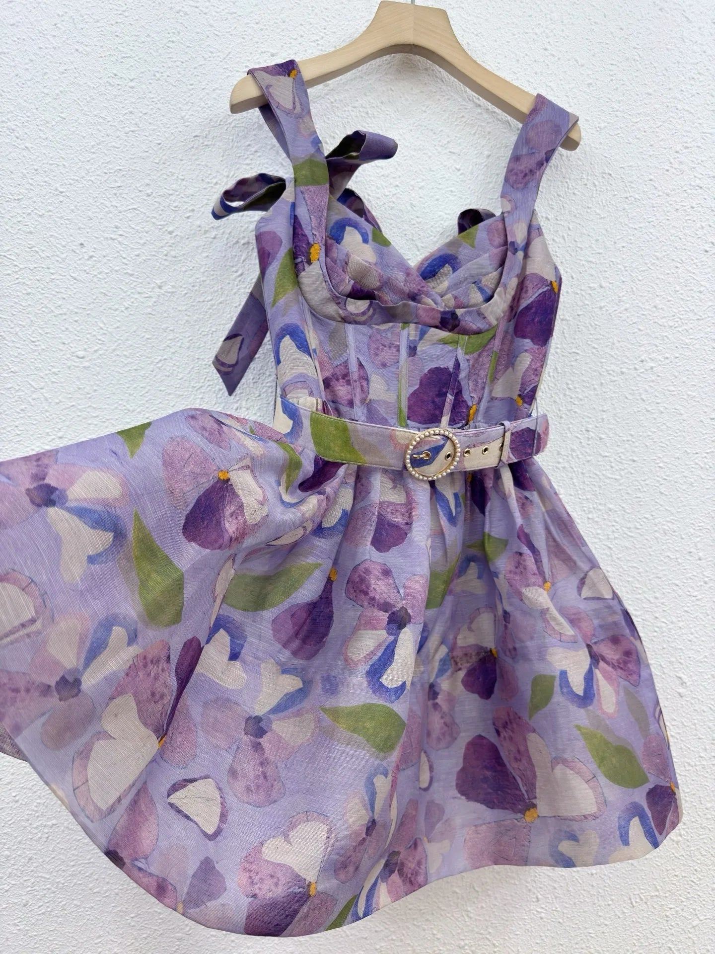 Zimm High Quality Lace-up Women Silk Linen Printing Spaghetti Strap Mini Dress with Belt European Bohemian Vintage Sexy Sweet