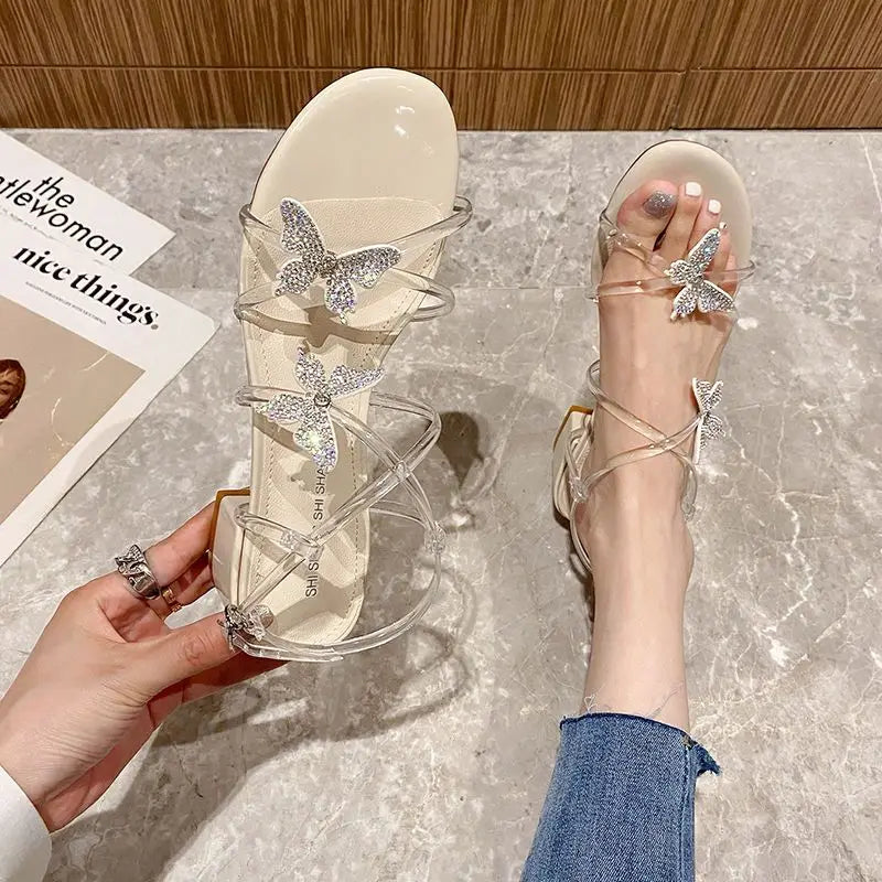 Sandals for Women Clear Bow Party Weddings Transparent Woman Shoes Diamond with Low Heels Rhinestones Jelly Asian Size on Sale H