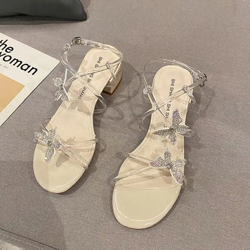 Sandals for Women Clear Bow Party Weddings Transparent Woman Shoes Diamond with Low Heels Rhinestones Jelly Asian Size on Sale H