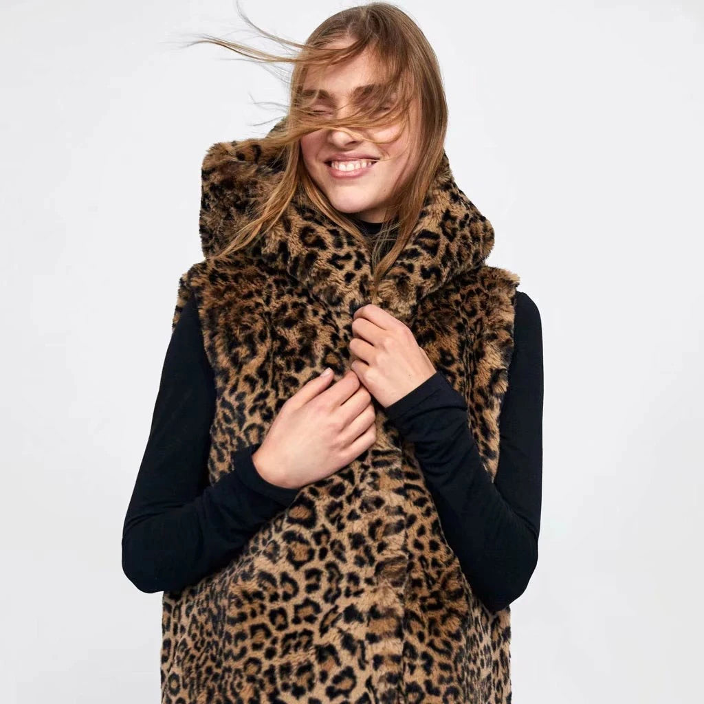 Leopard Hooded Faux Fur Vest Women 2022 New Designed Body Warmer Ladies Luxury Winter Furry Artificial Rabbit Coats Outwear 5XL