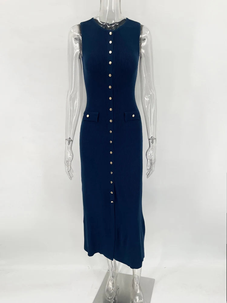 Knit Ribbed Cardigan Maxi Dress Female High Waist Slim Pocket Sleeveless Elegant Party Dress Women's Knitwear Long Dress
