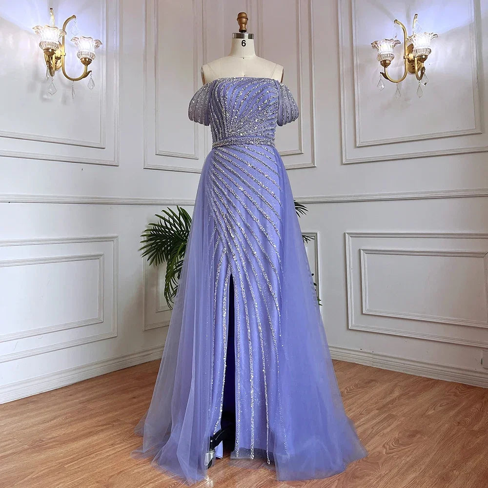 Serene Hill Blue Boat Neck Split Mermaid Elegant Beaded Arabic Evening Dresses Gowns For Party 2024 GLA71858 Customized
