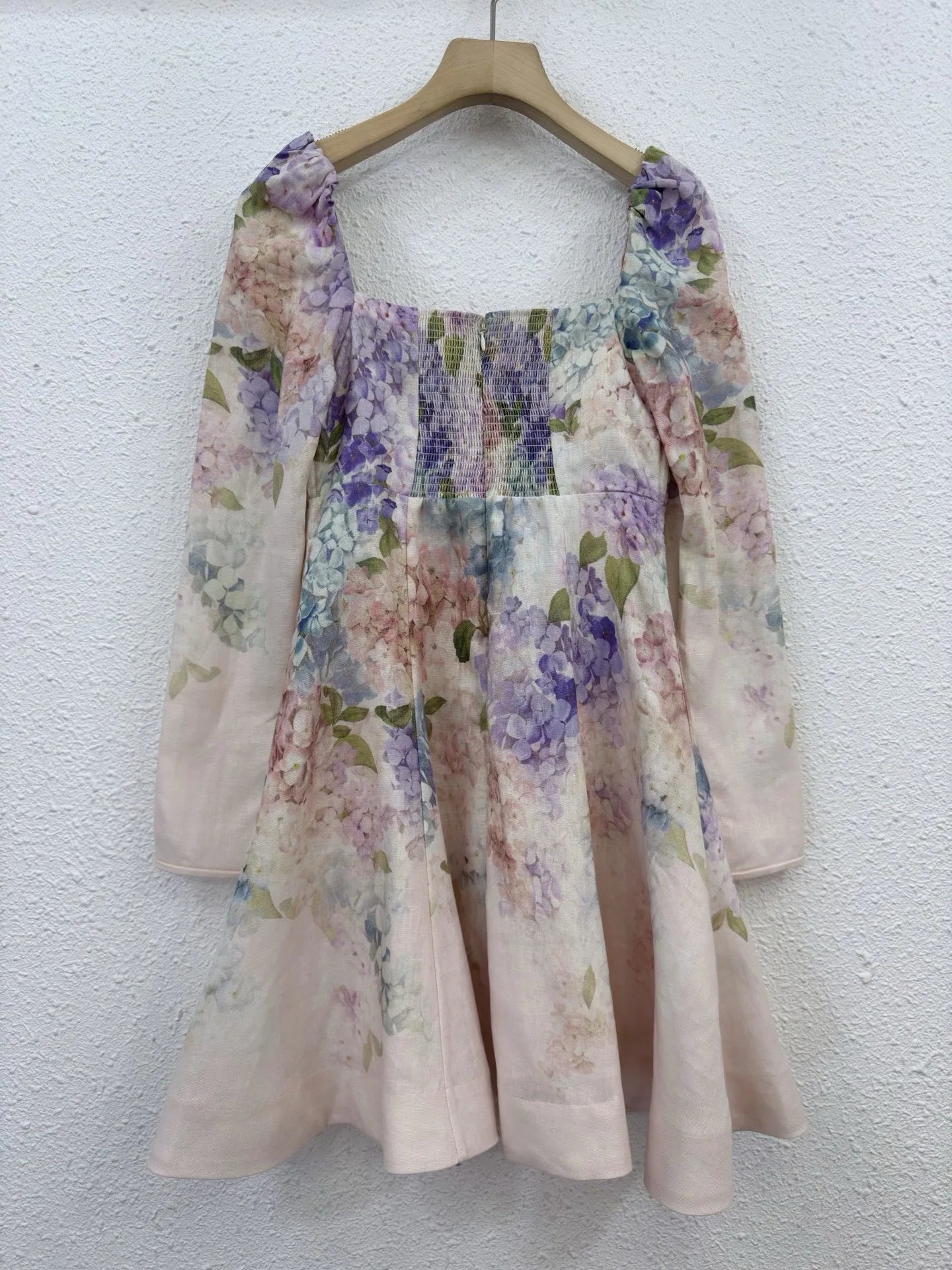 Zimm 100% Linen Women Printing Long Sleeve Mini Dress High Quality Bohemian Vintage Sweet Elegant Chic Luxury A-Line European