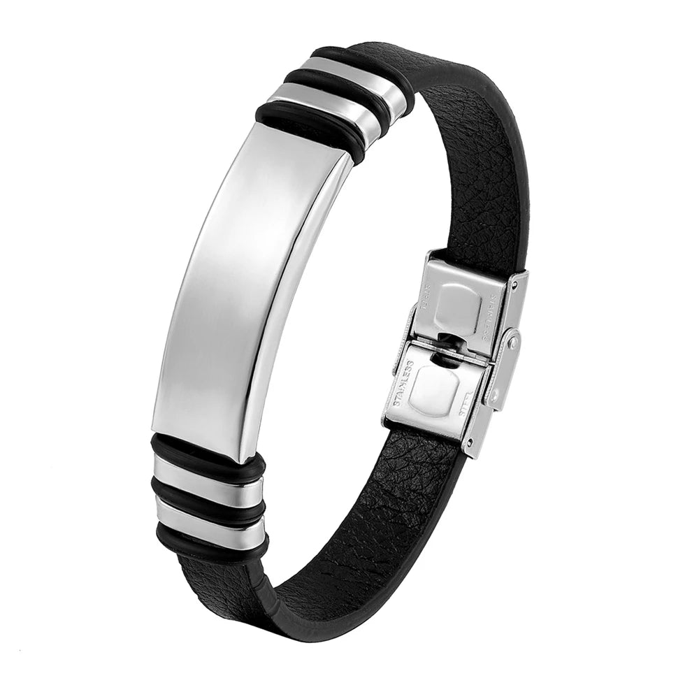New Fashion Brand Bracelet Stainless Steel Men's Bracelet Black Charm Leather Bracelet Men's Wristband Simple Jewelry Wholesale