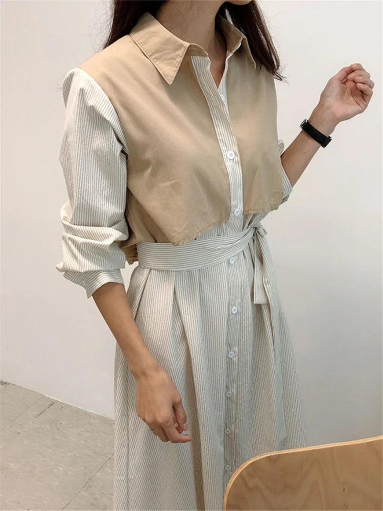 REALEFT Autumn French Striped Women's Shirts Dresses Lace Up