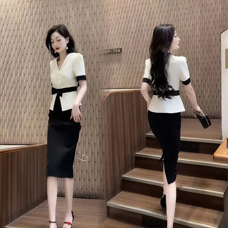 Suits Sexy Skirt Office Female Outfits Midi Women's Two Piece Set Slit Short Sleeve Maxi Long Stylish Clothing Trend 2024 Luxury