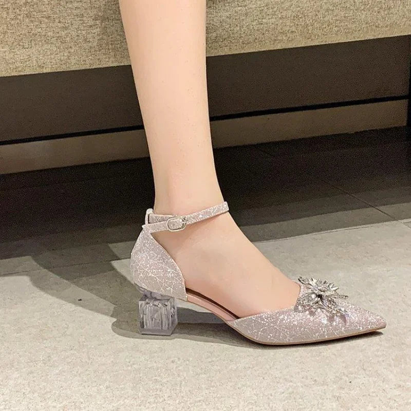 Crystal Silver Footwear Pointed Toe Women's Shoes Summer 2024 Thick Heel Sandals for Woman with Medium Heels Bow Anti Slip Hot F
