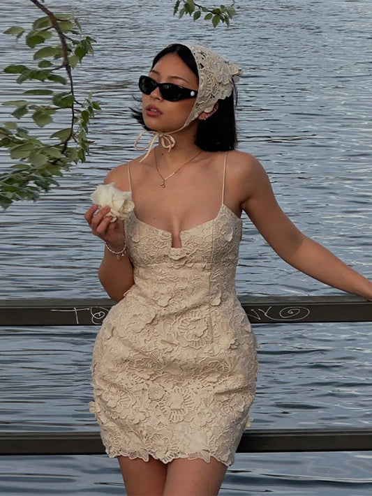 Lace Flower Halter Women Short Dress Crochet Deep V Suspender Sexy Backless Strap Gown Cinched Waist Slimming Camisole Dresses