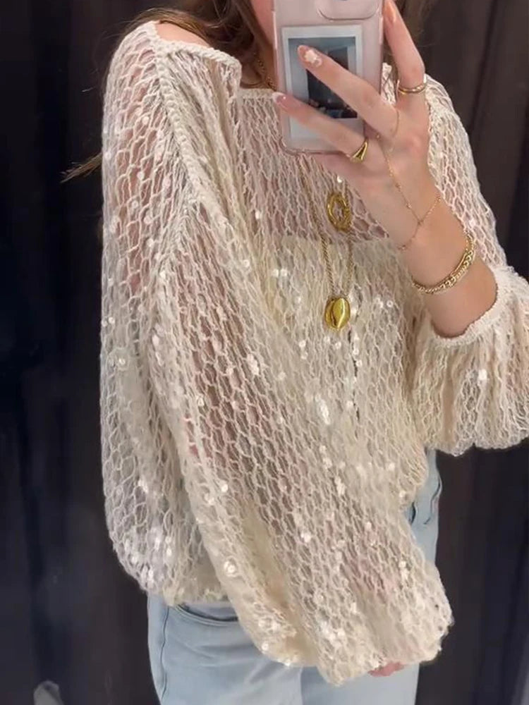 Sequin Mesh Top T-Shirt Knitted Hollowed Out Beads Sparkling Round Neck Long Sleeves Loose Women Short Blouse Knitwear Pullover