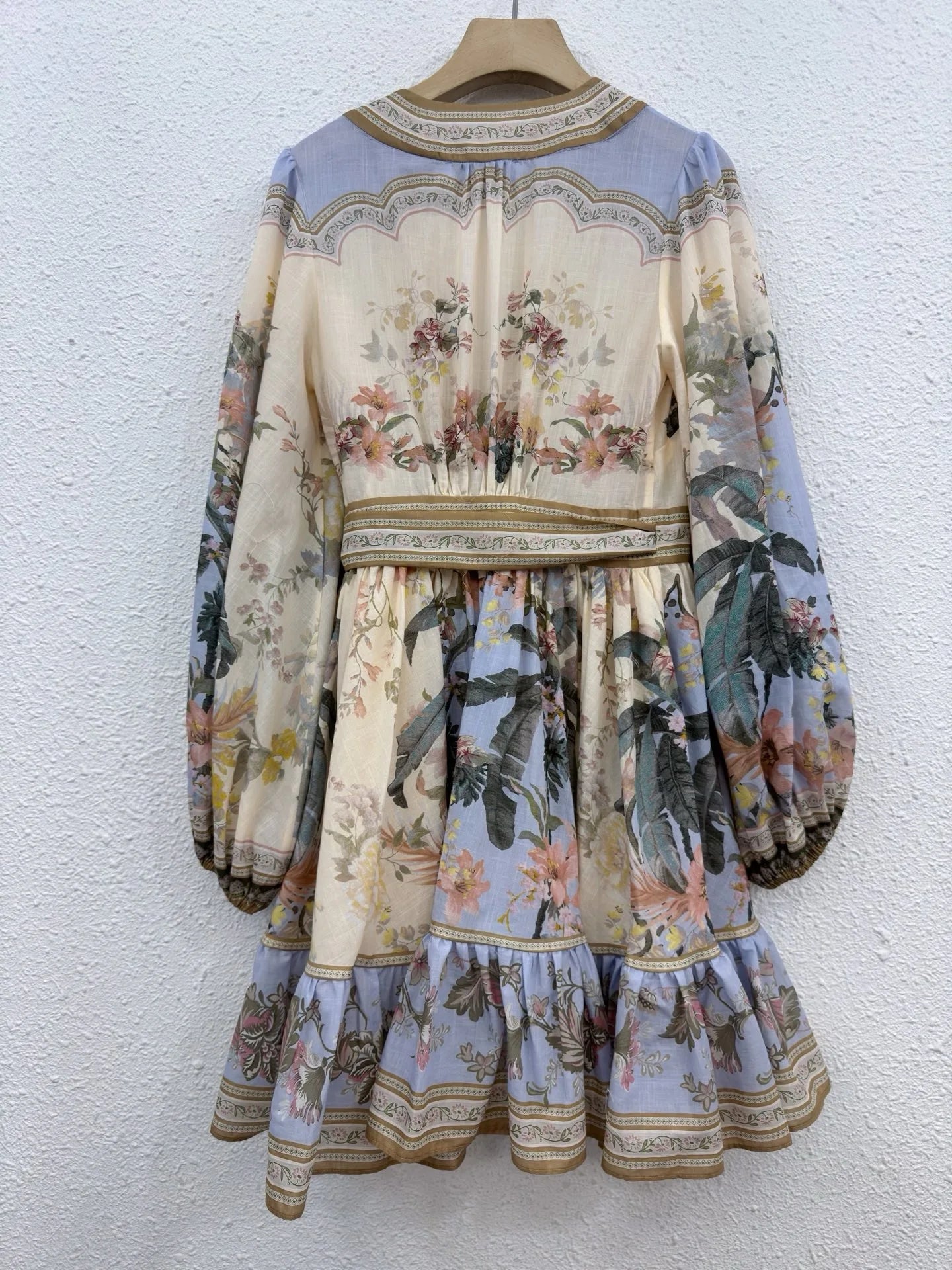 Zimm Long Lantern Sleeve Bohemian Vintage Floral Printing Lace-up Women Mini Dress European High Quality Sexy Sweet Elegant Chic