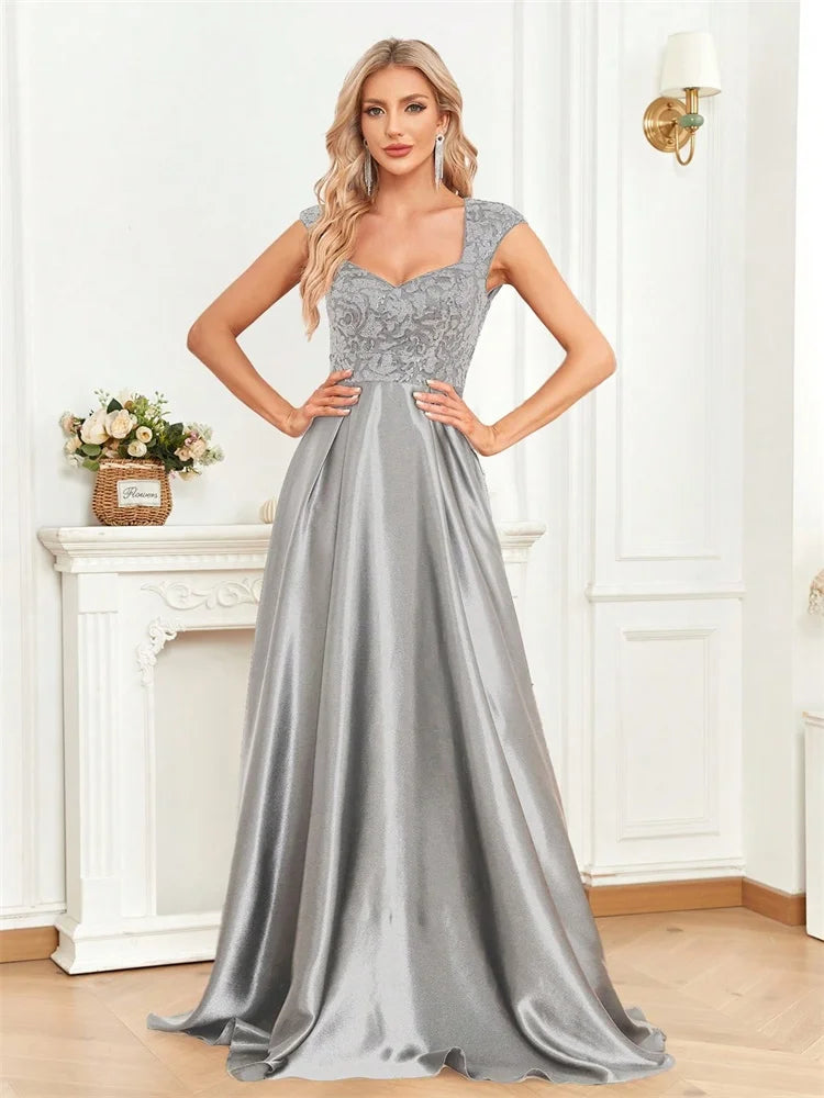Elegant Sequins Formal Evening Dress For Women 2025 Luxury U-neck Satin Prom Floor Length Cocktail Party Graduation Gowns