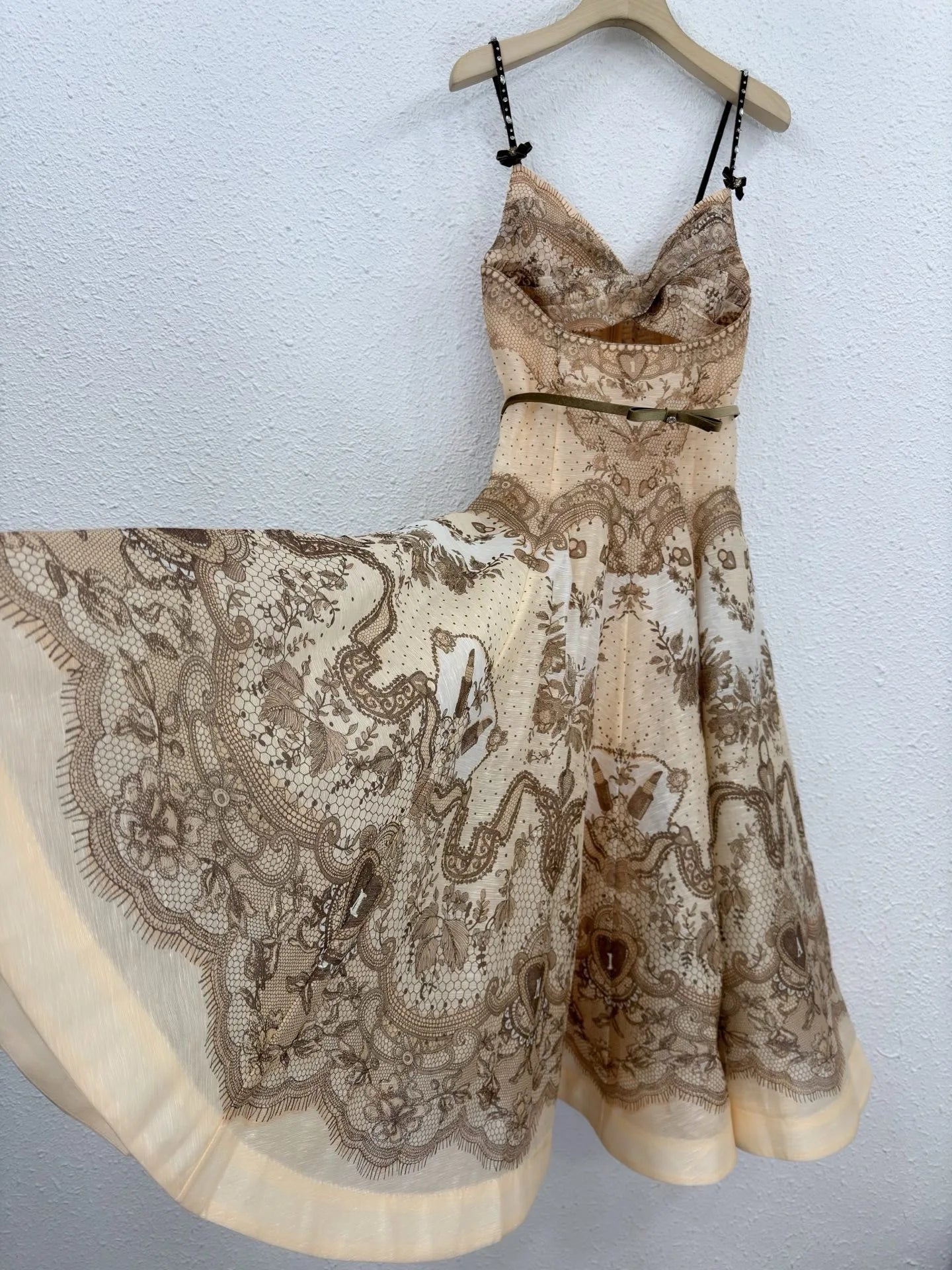 Zimm High Quality Hollow Out Silk Linen Printing Spaghetti Strap Women Midi Dress European Bohemian Vintage Sexy Sweet Elegant