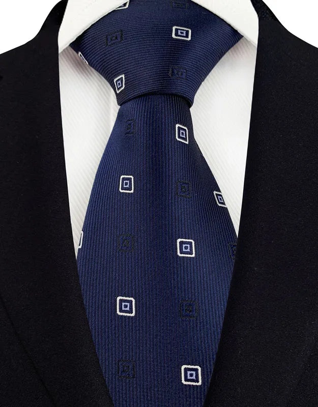 Luxury 8CM Mens Necktie Navy Blue Color Dot Stripes Solid Tie For Man Groom Jacquard Woven Neck Tie For Business Wedding Party