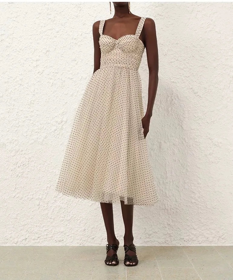 Zimm Bohemian Vintage Runway Designer Spaghetti Strap Women Dot Mesh Midi Dress European High Quality Sexy Sweet Elegant Chic