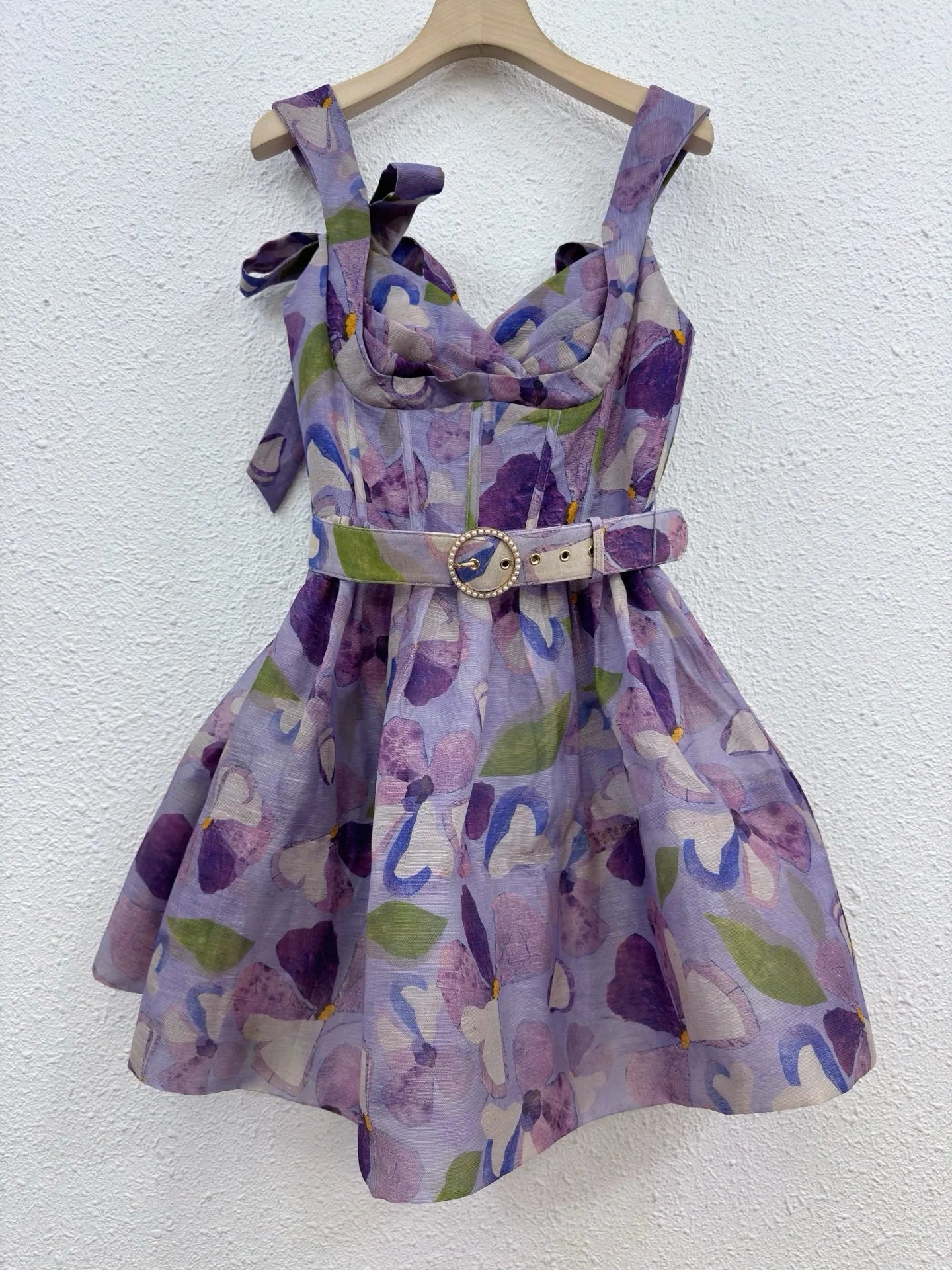 Zimm High Quality Lace-up Women Silk Linen Printing Spaghetti Strap Mini Dress with Belt European Bohemian Vintage Sexy Sweet