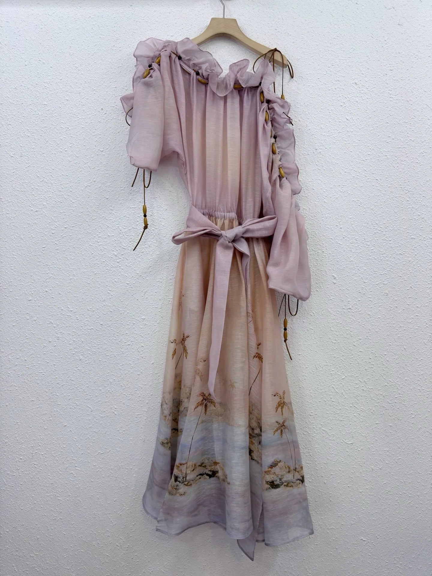 Zimm Women Silk Linen Printing Slash Neck Midi Dress Chic Vintage Bohemian Elegant Luxury High Quality Beach Style Runway Sweet