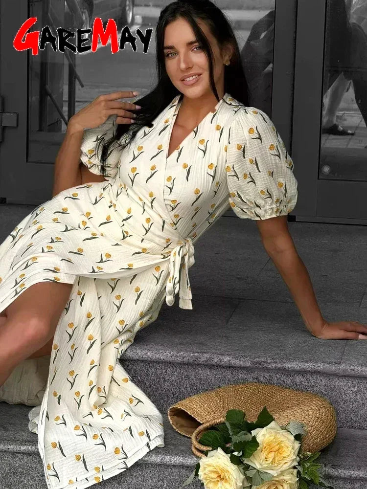 Summer Women's Light Long Dress 100% Cotton A-line Midi Dresses Muslin with Side Slits Flowers Elegant Beige Dress for Women