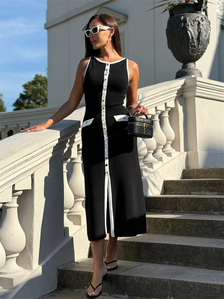 Knit Ribbed Cardigan Maxi Dress Female High Waist Slim Pocket Sleeveless Elegant Party Dress Women's Knitwear Long Dress